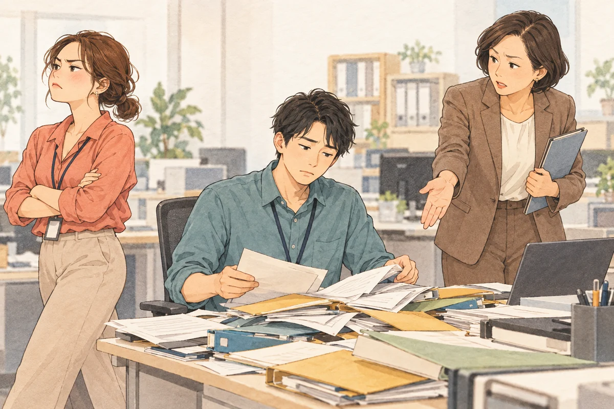 問題を起こす人より、我慢する人に負担をかけるという職場の問題を描いた生成イラスト