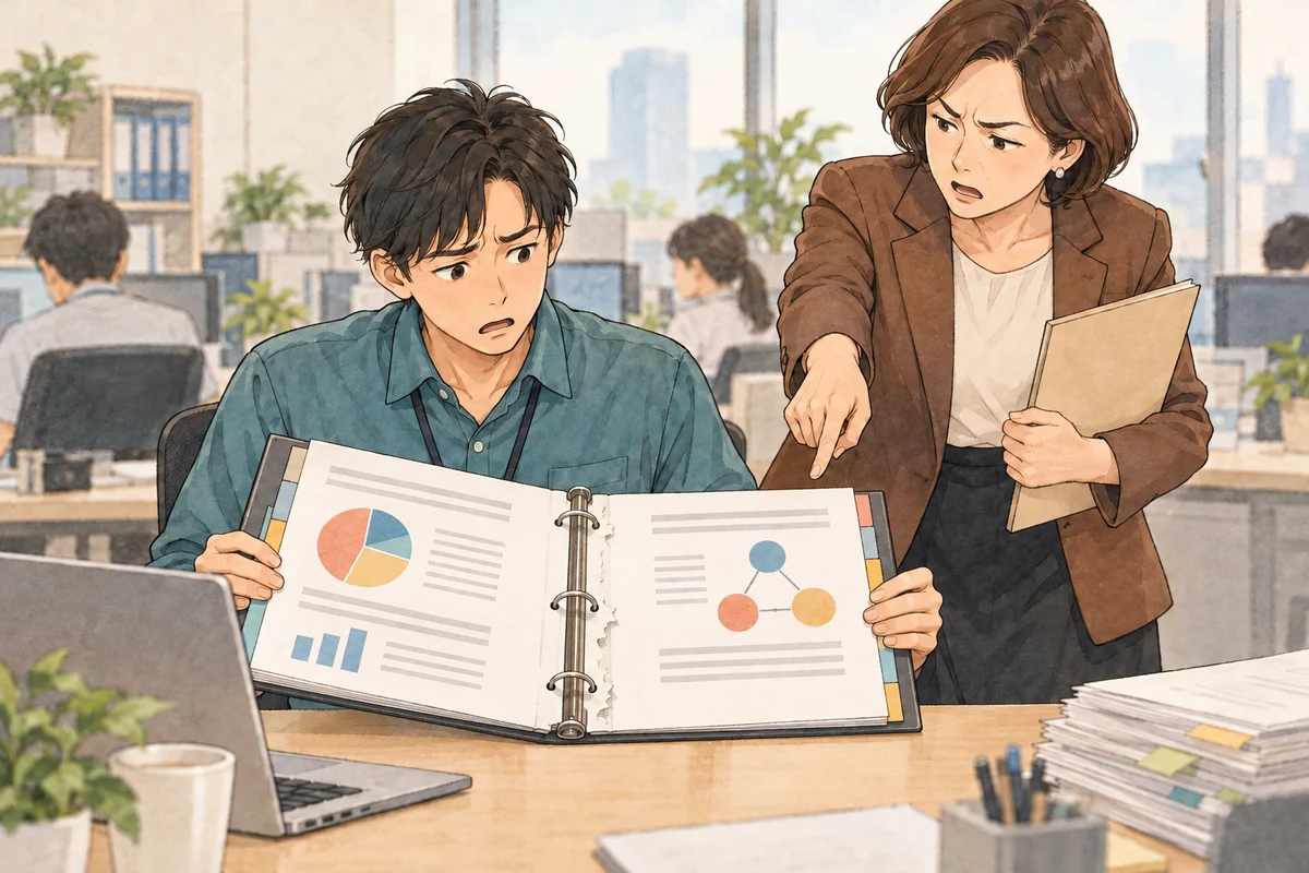 情報を教えないのに、失敗すると責めるという職場の問題を描いた生成イラスト