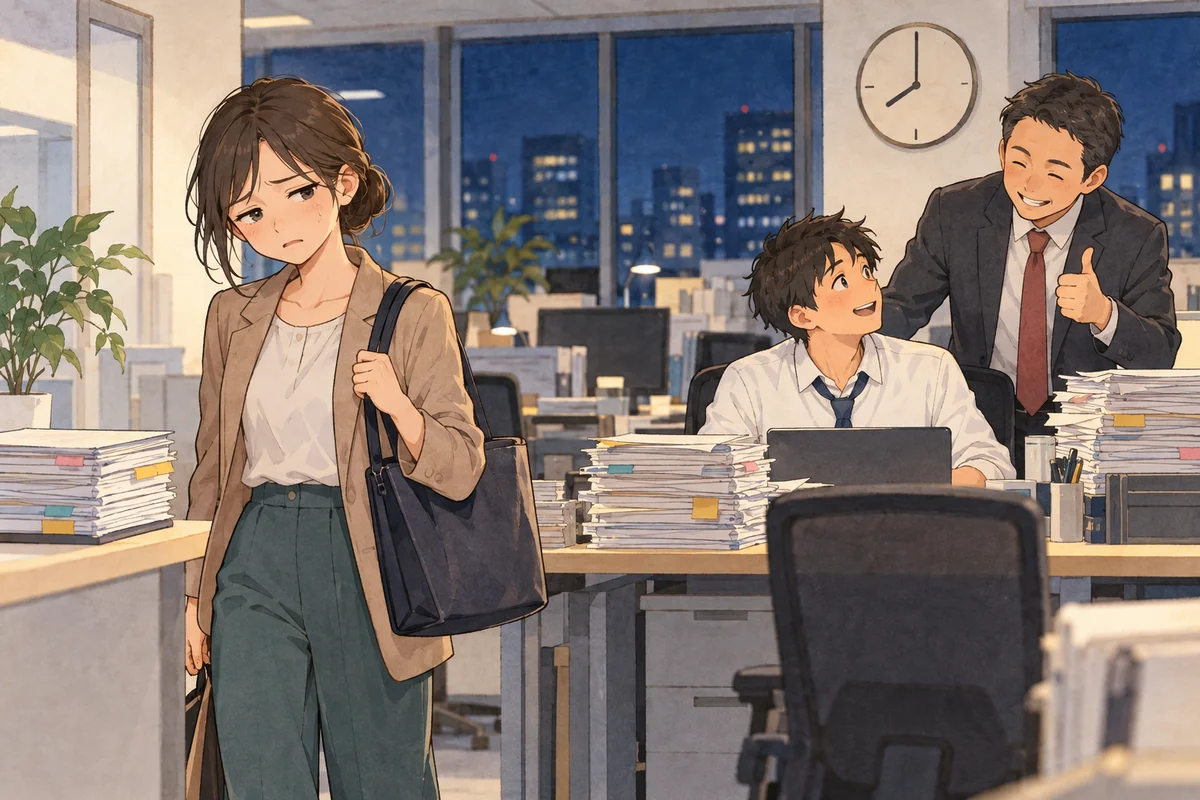効率よく働く人より、長く残る人を褒めるという職場の問題を描いた生成イラスト