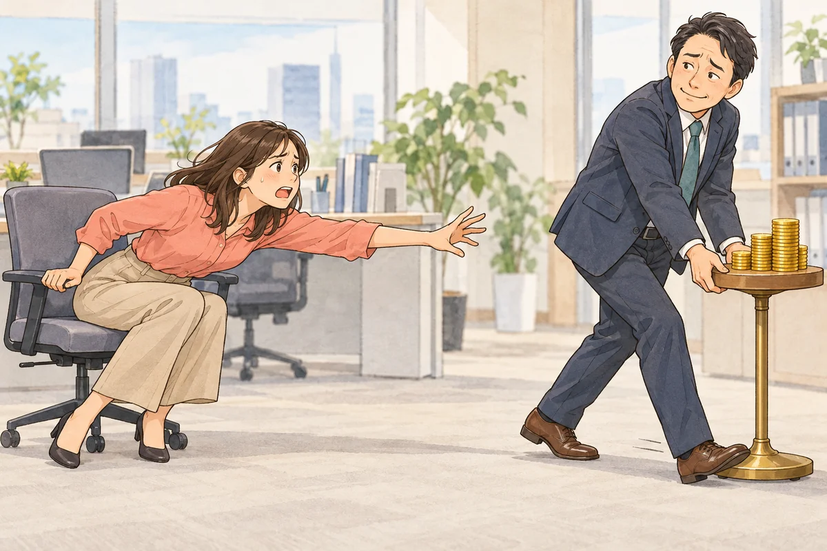 昇給や待遇改善の約束が、いつも先延ばしという職場の問題を描いた生成イラスト