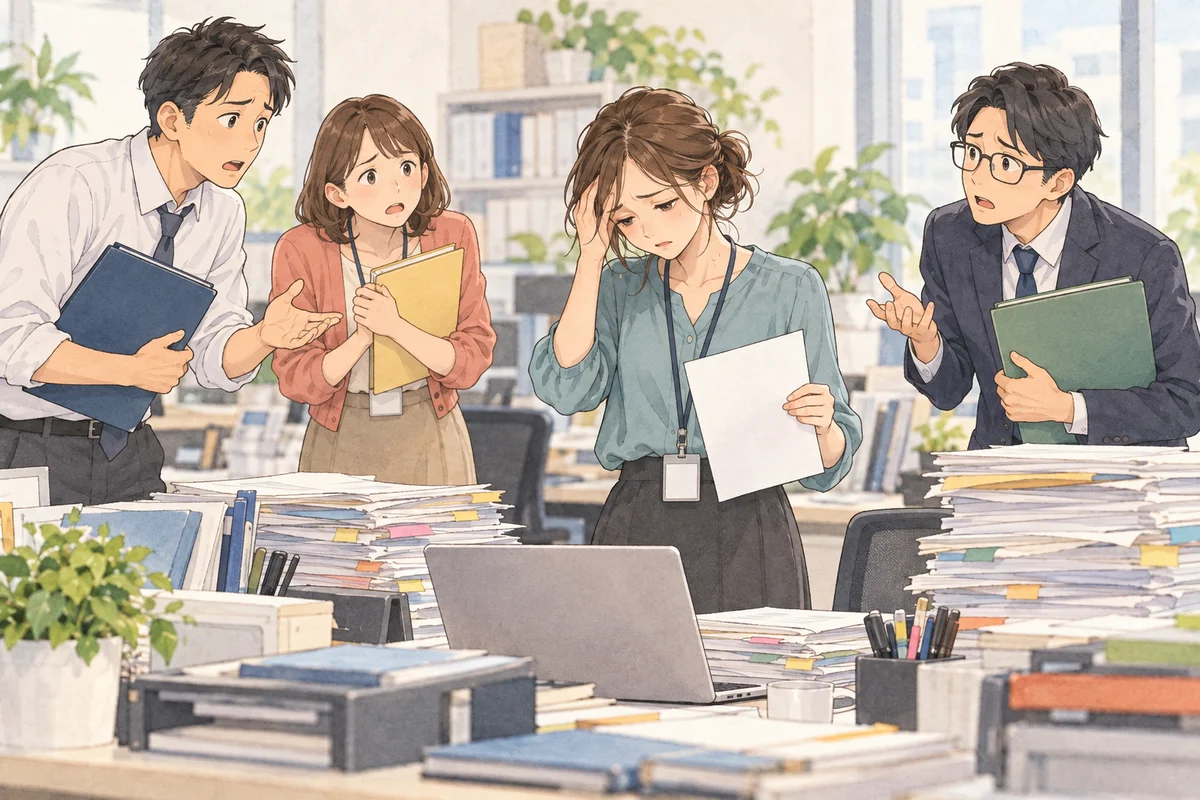 育てる余裕がなく、同じ人に頼り続けるという職場の問題を描いた生成イラスト