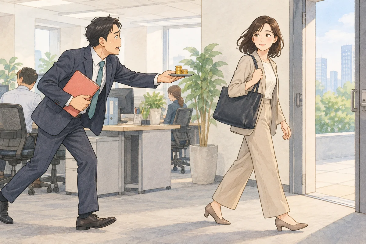 辞めると決めてから、初めて大切にするという職場の問題を描いた生成イラスト