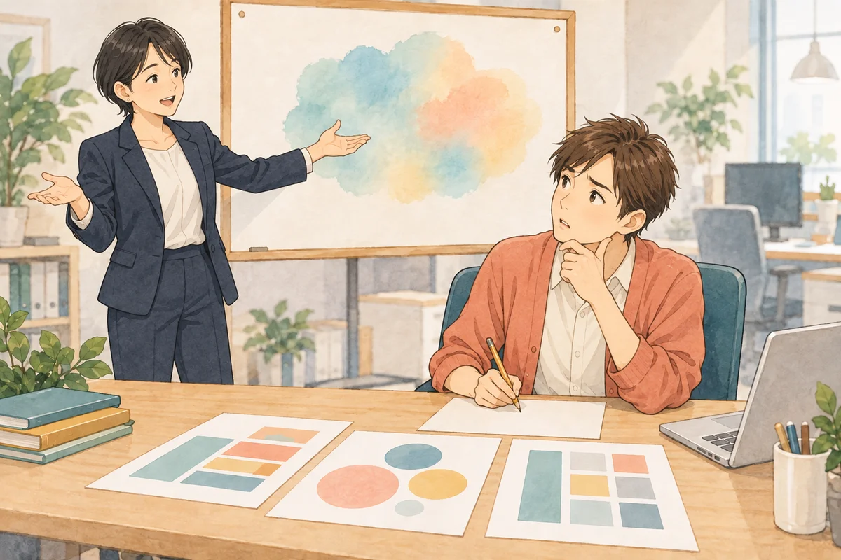 指示が曖昧なのに、結果だけ求めるという職場の問題を描いた生成イラスト
