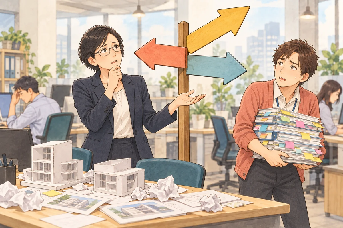 決められず、決めてもすぐに覆すという職場の問題を描いた生成イラスト