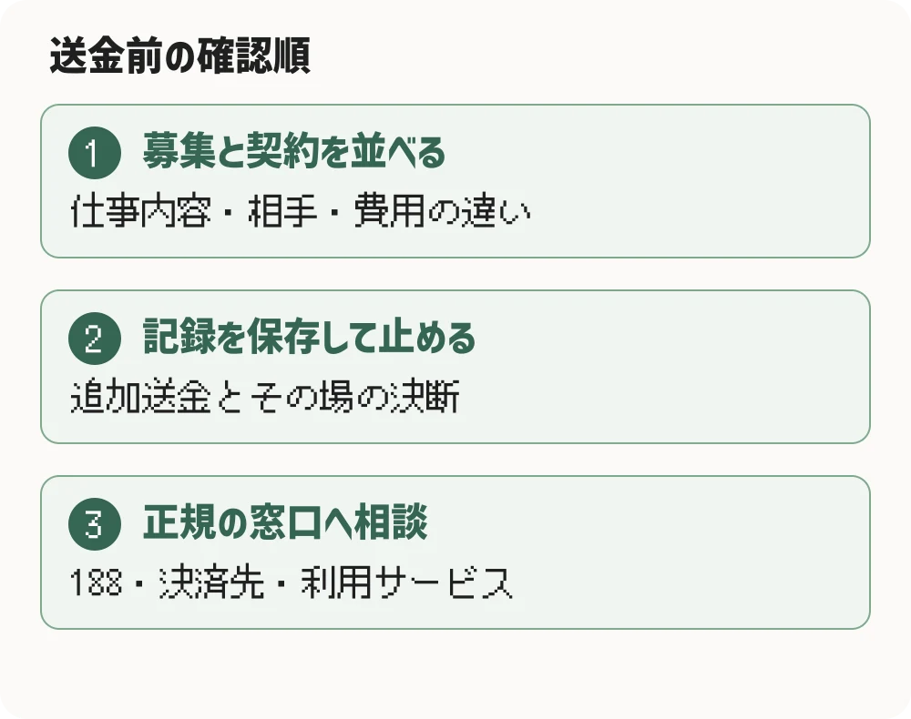 送金前の確認順。募集と契約を並べる：仕事内容・相手・費用の違い。記録を保存して止める：追加送金とその場の決断。正規の窓口へ相談：188・決済先・利用サービス