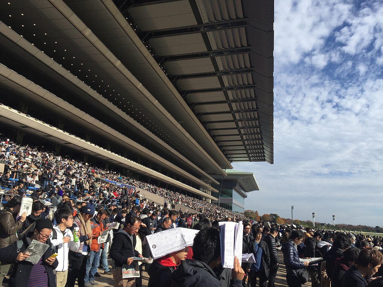 GⅠレースの日の東京競馬場。大きな屋根のスタンドと、競馬新聞を手にした大勢の来場者